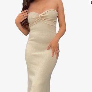 Twist Front Tan Ribbed Knit Bandeau Maxi Dress